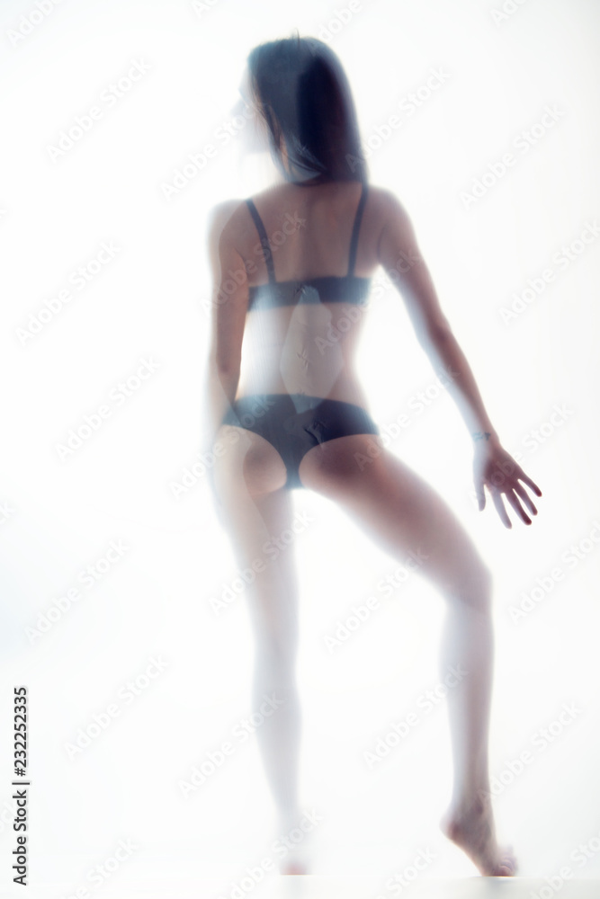 Young beautiful woman posing in lingerie behind translucent material. Full-length attractive sexy girl's portrait in studio over white background, foggy silhouette. Art female portrait. Young beautiful woman posing in lingerie behind translucent material. Full-length attractive sexy girl's portrait in studio over white background, foggy silhouette. Art female portrait.