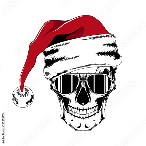Skull in glasses and santa claus hat.