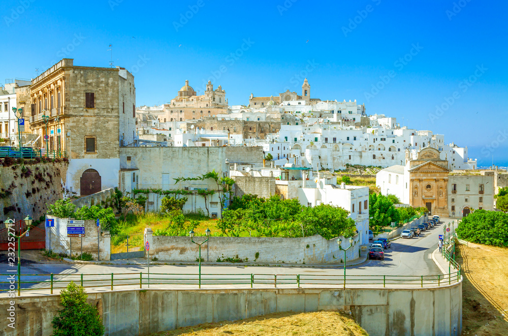 Panoramic view of Ostuni (white town), province of Brindisi, Apulia, southern Italy.