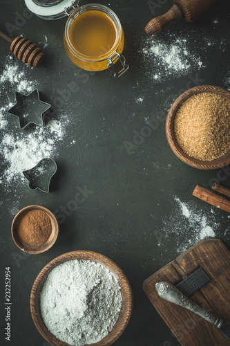 Backing background with ingredients for baking pumpkin cake and kitchen tools