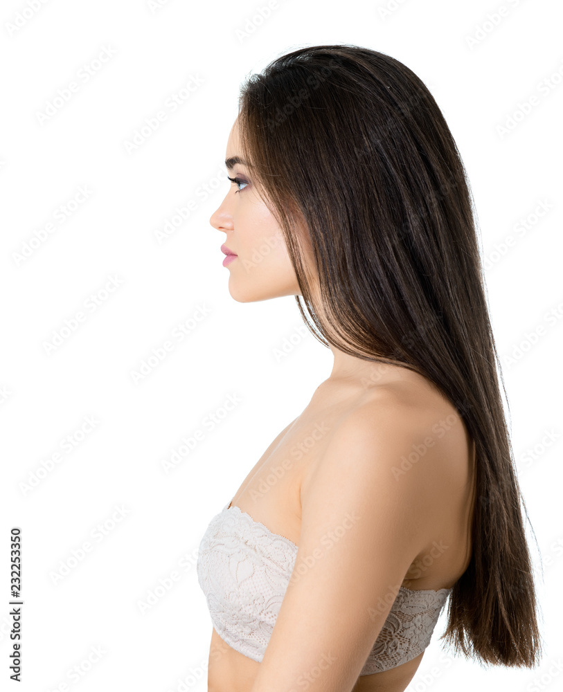 Gorgeous girl's profile, studio shot isolated on white background. Beautiful young woman's portrait. Gorgeous girl's profile, studio shot isolated on white background. Beautiful young woman's portrait.