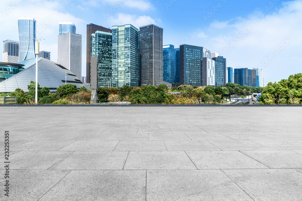 Blue sky, empty marble floor and skyline of Hangzhou urban architecture. Blue sky, empty marble floor and skyline of Hangzhou urban architecture.