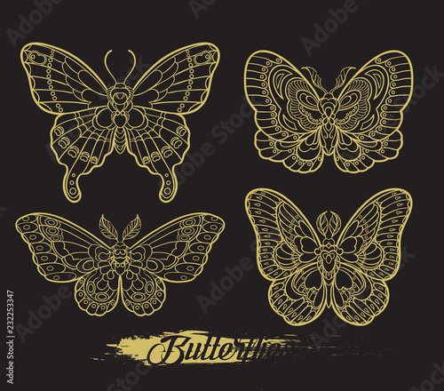 Slika na platnu Stylised golden butterflies on black background