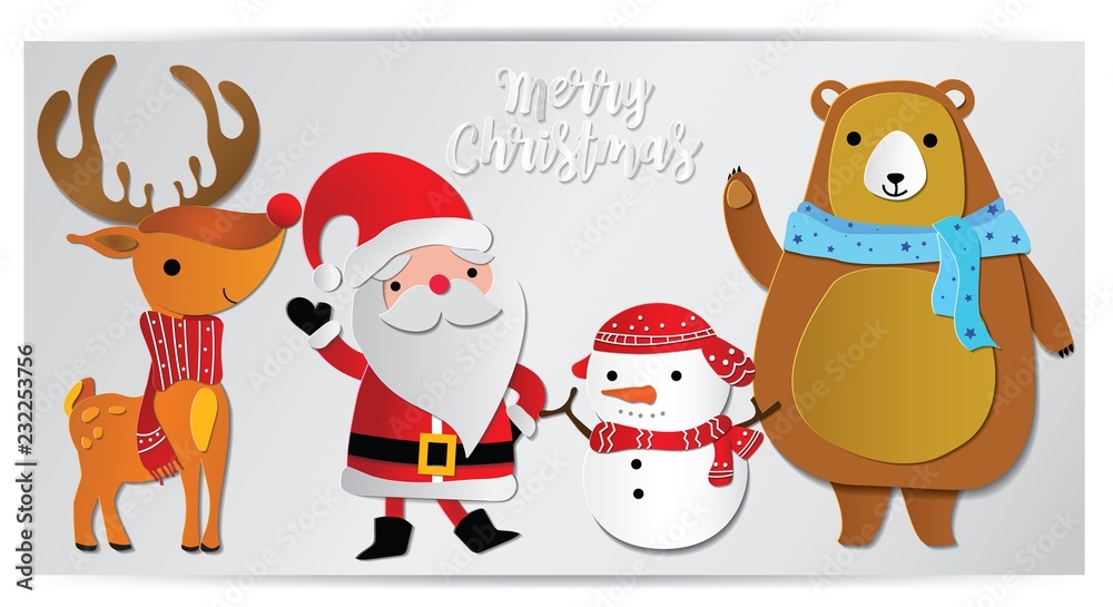 Merry Christmas  Happy Christmas companions. Santa Claus, Snowman, Reindeer and Bear for decorate Greeting card or background.