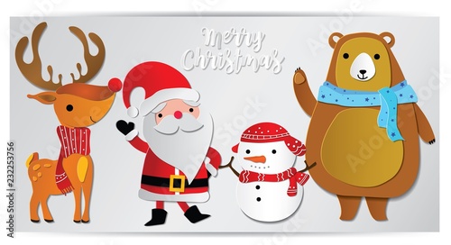 Merry Christmas  Happy Christmas companions. Santa Claus, Snowman, Reindeer and Bear for decorate Greeting card or background.
