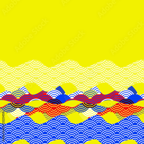 Card banner template scales simple Nature background with Chinese wave circle pattern blue red yellow orange colors card banner design. Vector
