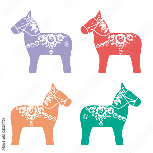Red pink orange green lilac color Dalecarlian Dala horse traditional carved, painted wooden horse statuette originating in Swedish province Dalarna. flowers leaves isolated on white background. Vector