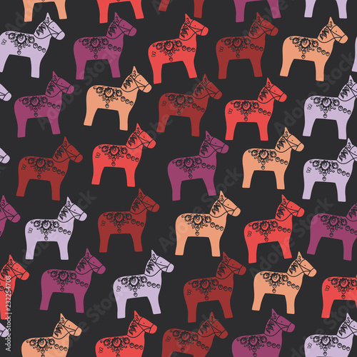 Seamless pattern Red pink orange brown lilac Dalecarlian Dala horse traditional painted wooden horse statuette originating in Swedish province Dalarna. flowers on black background. Vector