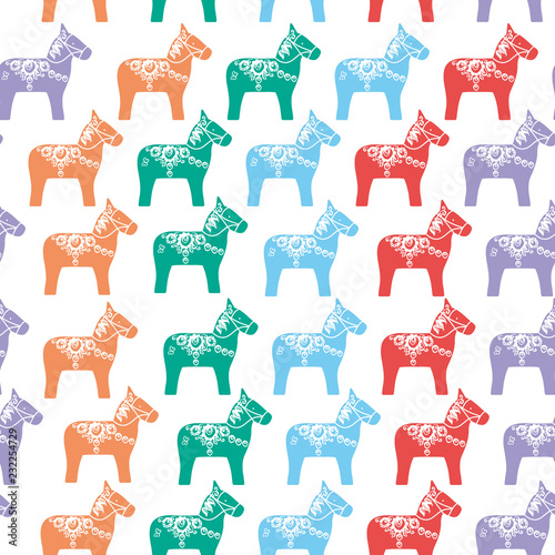 Seamless pattern Red pink orange green lilac Dalecarlian Dala horse traditional painted wooden horse statuette originating in Swedish province Dalarna. flowers isolated on white background. Vector