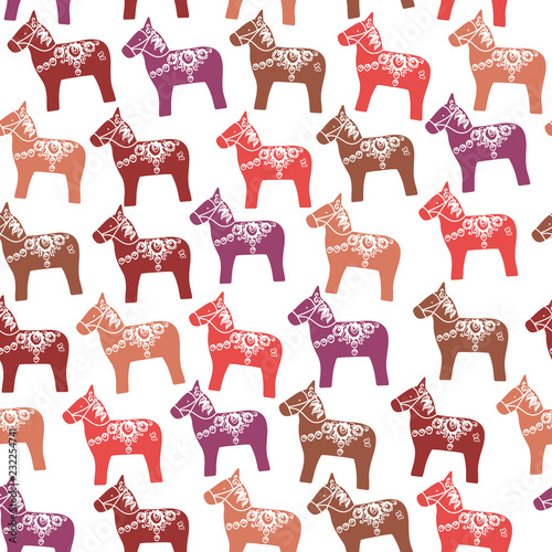 Seamless pattern Red pink orange brown lilac Dalecarlian Dala horse traditional painted wooden horse statuette originating in Swedish province Dalarna. flowers isolated on white background. Vector