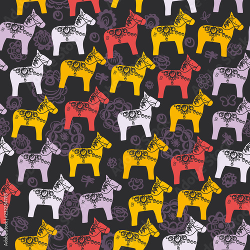 Seamless pattern Red orange lilac Dalecarlian Dala horse traditional painted wooden horse statuette originating in Swedish province Dalarna. flowers on black background. Vector