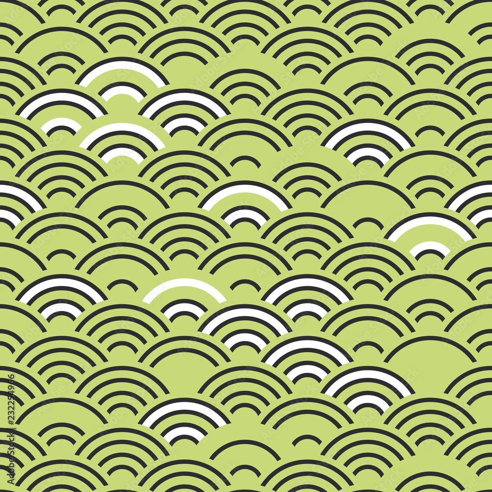Seigaiha or seigainami literally means wave of the sea. seamless pattern abstract scales simple Spring Nature background with japanese circle Black green white colors. Vector Seigaiha or seigainami literally means wave of the sea. seamless pattern abstract scales simple Spring Nature background with japanese circle Black green white colors. Vector