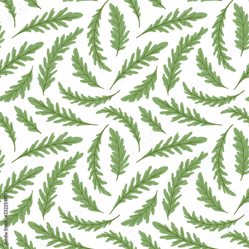 Green salad repeated background. Seamless pattern with fresh green leaves of ruccola (arugula, rocket salad). Vector illustration.