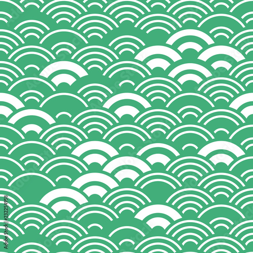 Seigaiha literally means wave of the sea. seamless pattern abstract scales simple Nature background japanese circle white green colors. Vector