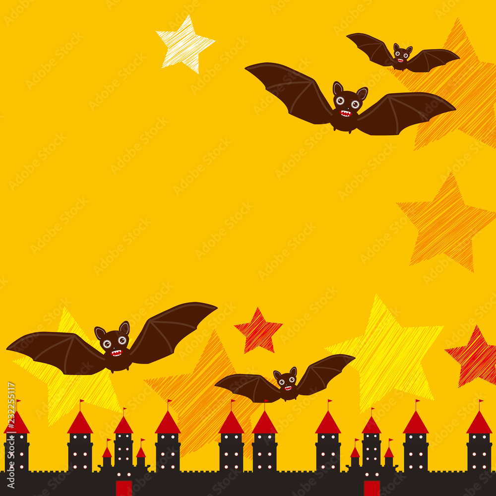 Halloween card banner design for text With Castle Pumpkin, stars, bats, night sky, black yellow orange red background. Vector