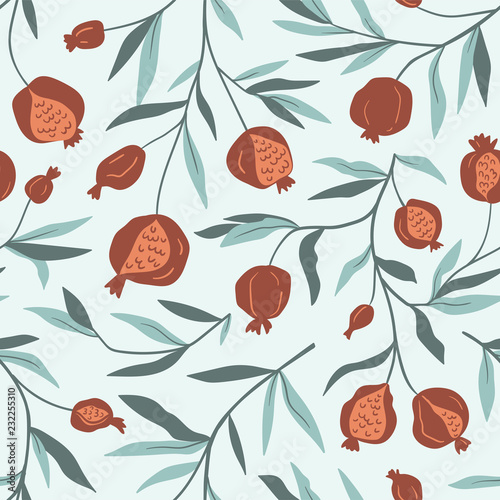 Tropical seamless pattern with pomegranate trees. Fruit repeated background. Vector bright print for fabric or wallpaper.