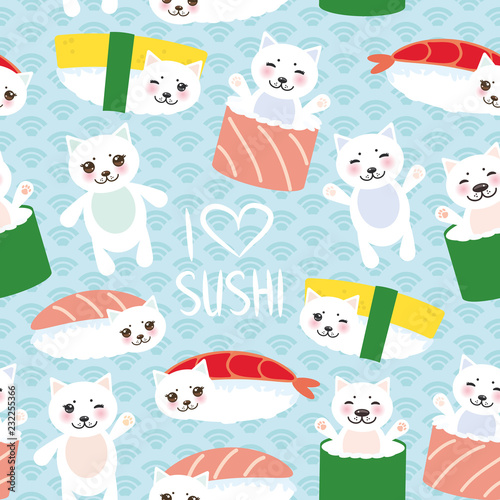 Seamless pattern. I love sushi. Kawaii funny Sushi set and white cute cat with pink cheeks and eyes, emoji. Baby blue background with japanese circle waves. Vector