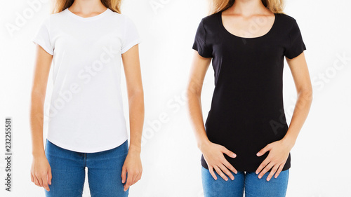cropped portrait collage women in white and black tshirt isolated on white background, template,mock up,back views