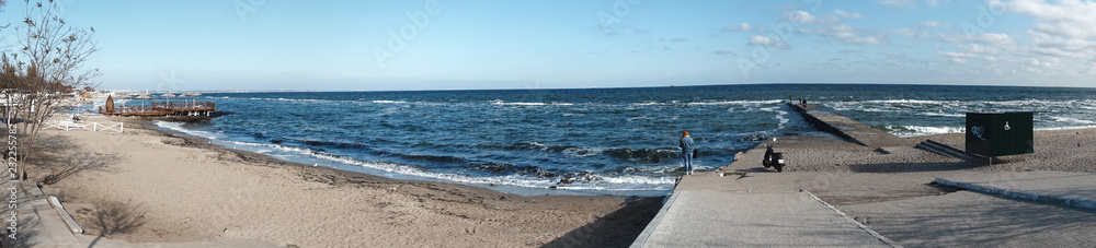 Panorama of the autumn beach on the Black Sea. Location: Odessa, Ukraine.