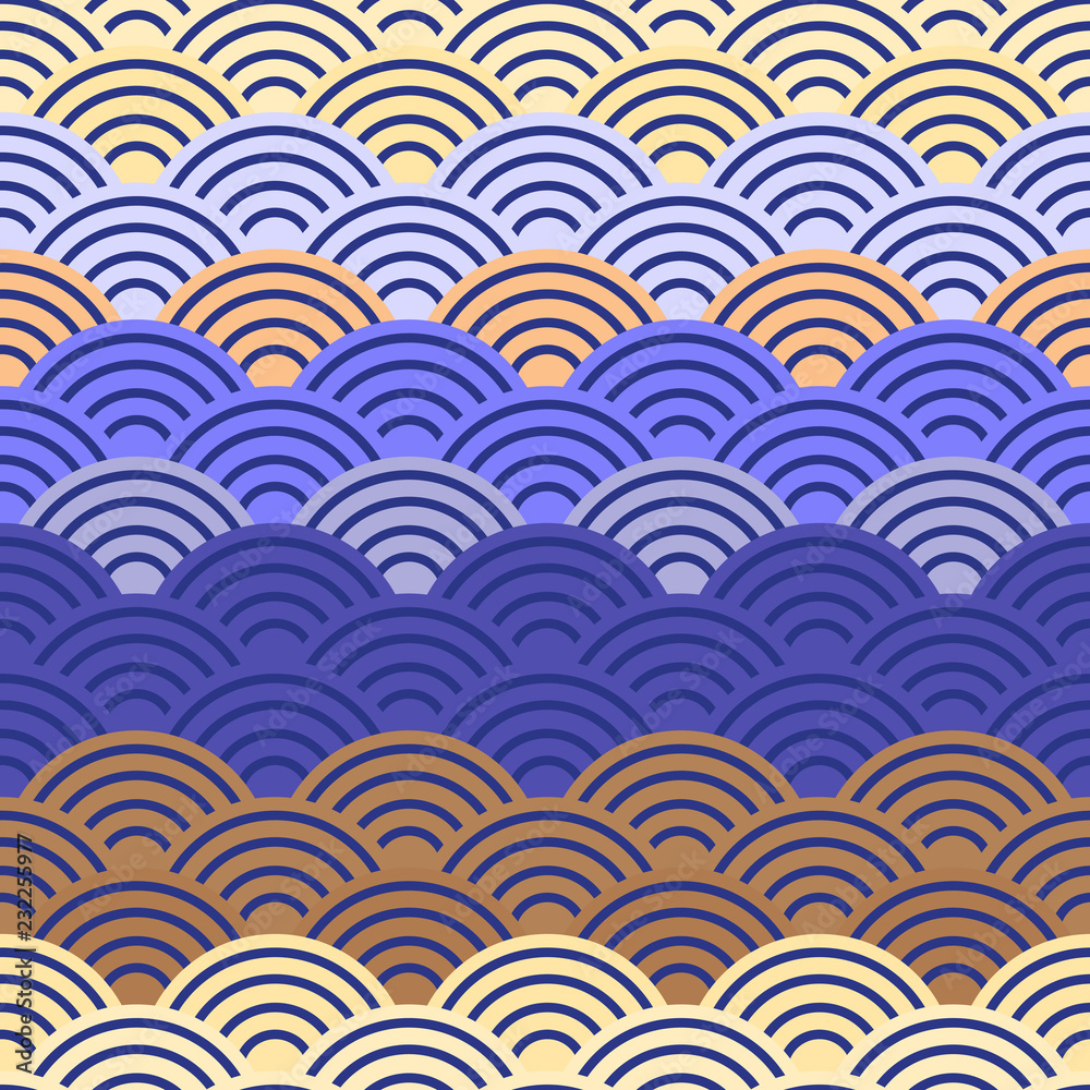 Geo seamless pattern abstract scales simple Nature with japanese wave circle, background trendy Textile print, web page fill. Gradient sea wave Beige brown yellow orange purple violet colors. Vector Geo seamless pattern abstract scales simple Nature with japanese wave circle, background trendy Textile print, web page fill. Gradient sea wave Beige brown yellow orange purple violet colors. Vector