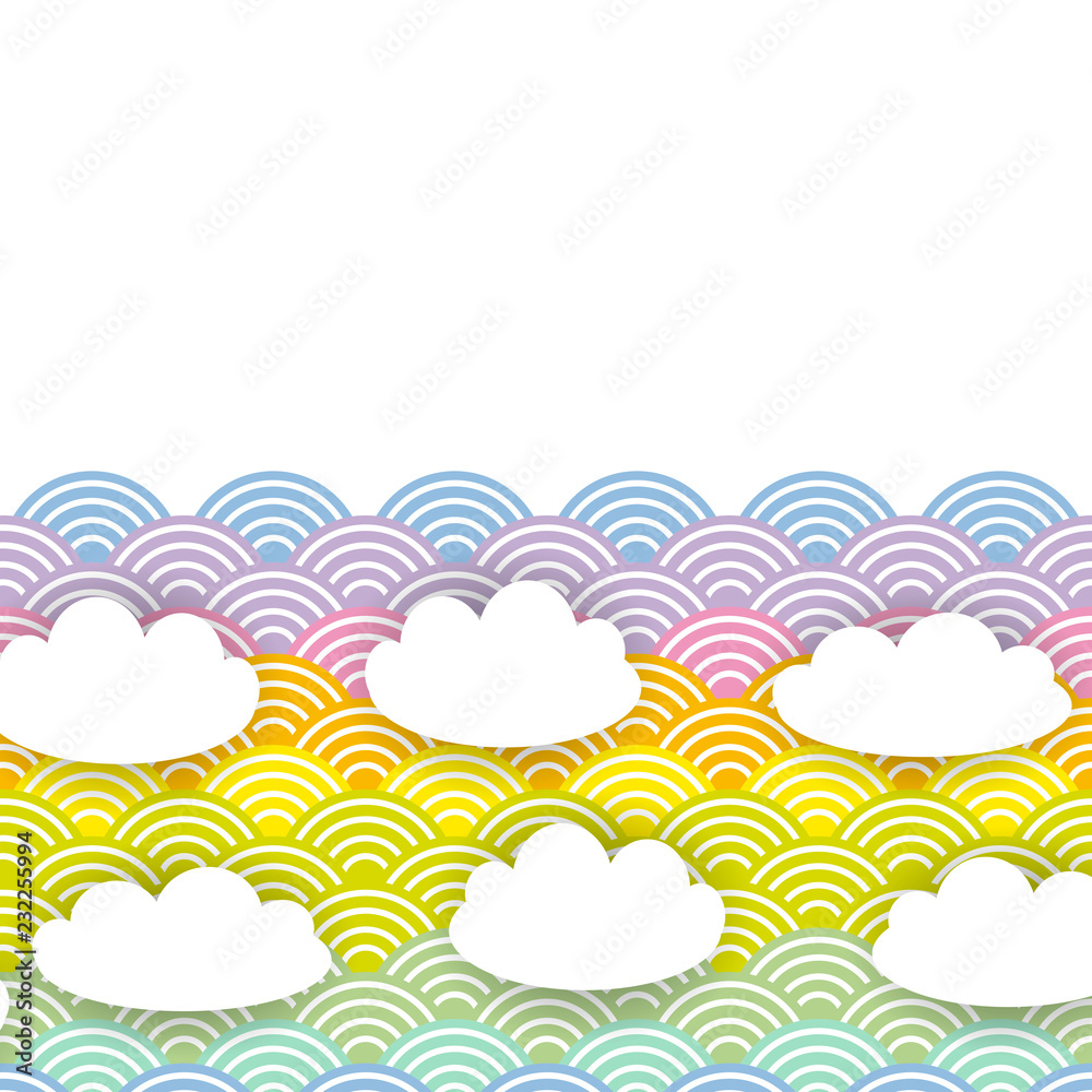 Card banner design Kawaii white clouds pattern on blue mint orange pink lilac japanese wave rainbow background. Vector