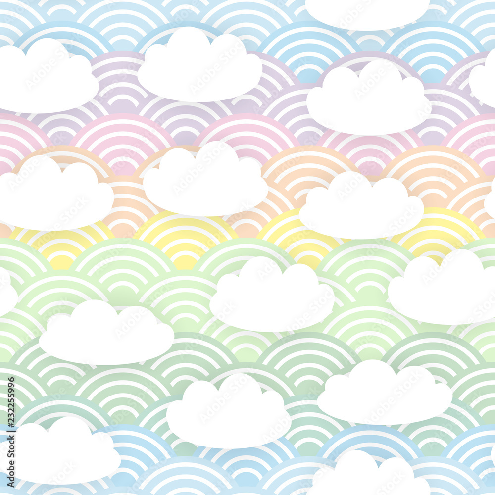 Kawaii white clouds Seamless pattern on blue mint orange pink lilac japanese wave rainbow background. Vector