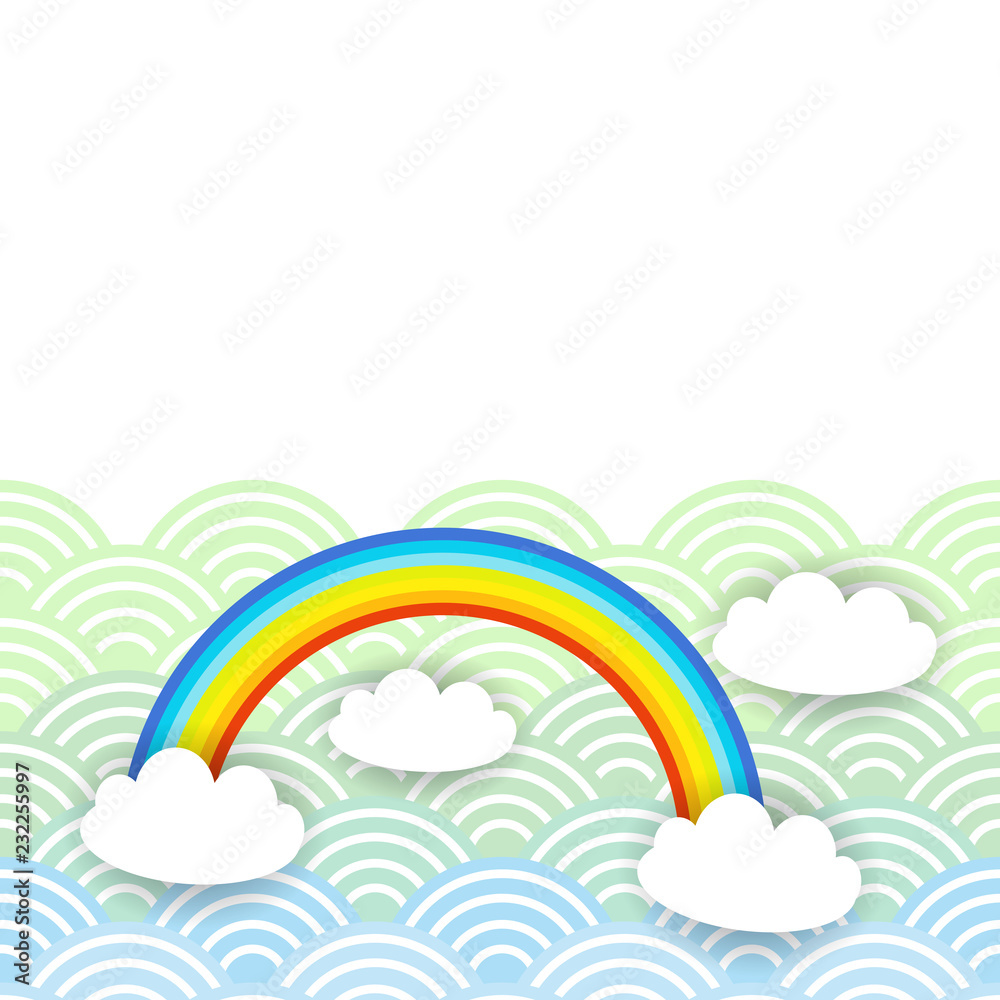 Card banner design Kawaii white clouds pattern on blue mint orange japanese wave rainbow background. Vector Card banner design Kawaii white clouds pattern on blue mint orange japanese wave rainbow background. Vector