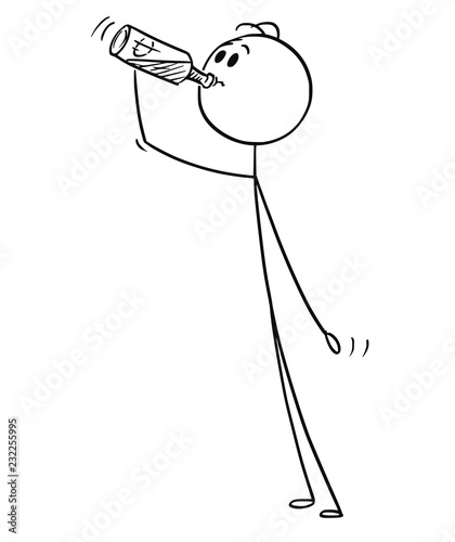 Cartoon stick drawing conceptual illustration of man drinking from glass bottle.