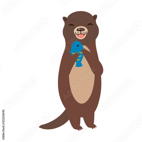 Funny brown otter caught a fish, on white background. Kawaii. Vector