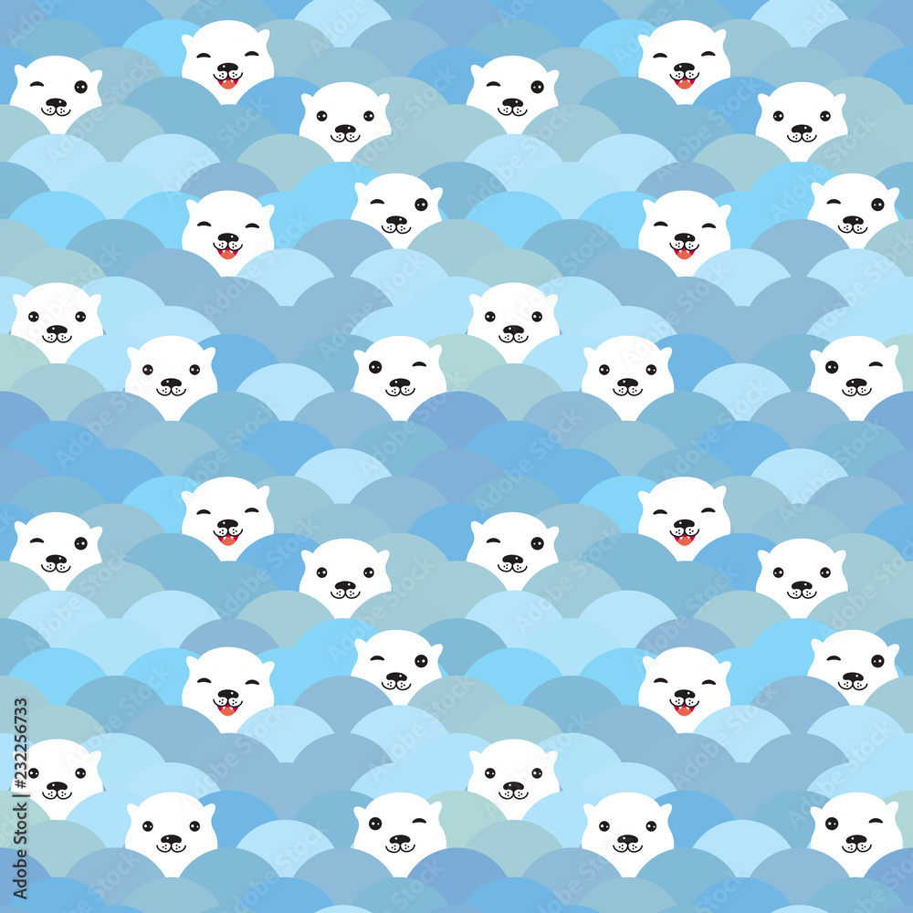 Fototapeta premium Funny white Polar Bear in light blue water, sea waves Seamless pattern, background. Kawaii faces. Vector