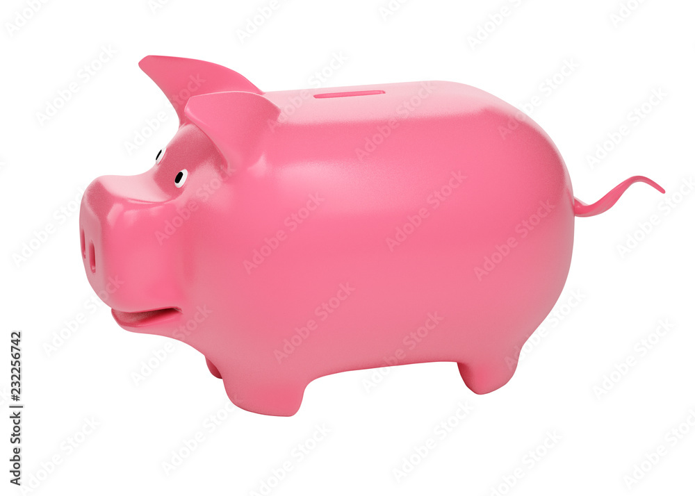 Fototapeta premium Pink shiny piggy bank isolated on white background. 3d rendering