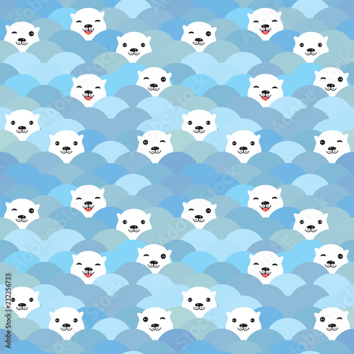 Funny white Polar Bear in light blue water, sea waves Seamless pattern, background. Kawaii faces. Vector