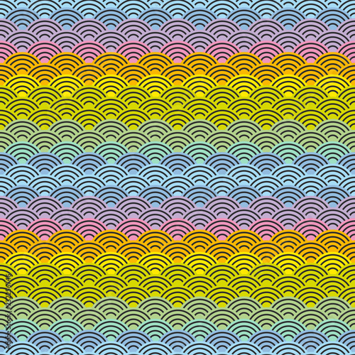 rainbow seamless pattern abstract scales simple background japanese circle purple pink yellow blue green colors. Can be used for fabrics, wallpapers, websites. Vector