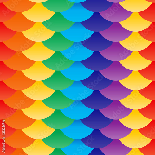 Seamless pattern scales red yellow green blue purple rainbow. Patchwork mosaic oriental geometric ornament. colorful background. Applicable for Banners, Placards, Posters, Flyers. Vector