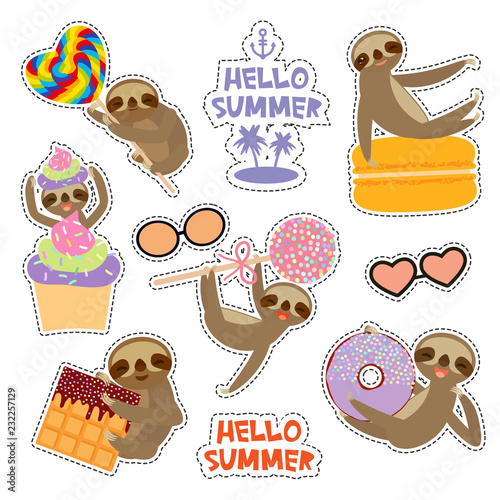 Hello Summer bright tropical card banner design, fashion patches badges stickers. Kawaii cute face sloth collection with cake pops, donut, lollipop, waffle, macaroon on white background. Vector