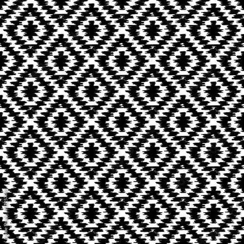 Seamless pattern Turkish carpet white black. Patchwork mosaic oriental kilim rug with traditional folk geometric ornament. Tribal style. Vector