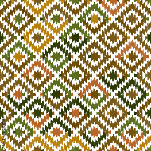 Seamless pattern Turkish carpet beige orange khaki brown. Patchwork mosaic oriental kilim rug with traditional folk geometric ornament. Tribal style. Vector