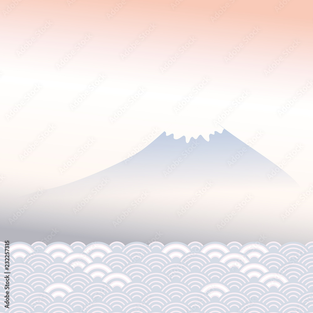 Mount Fuji, dawn, fog, mountain landscape, blue grey pink colors card banner design for text abstract scales simple Nature background with japanese circle pattern. Vector