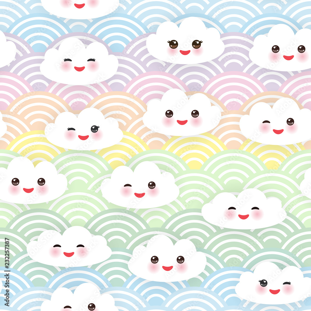 Kawaii funny white clouds set, muzzle with pink cheeks and winking eyes. Seamless pattern on blue mint orange pink lilac japanese wave background. Vector