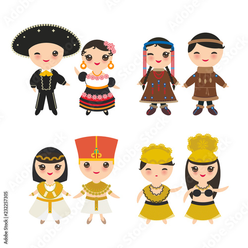 Mexican, Ancient Egypt, Hawaiian Hula Dancer, Chukcha Yakut Eskimos, boy and girl in national costume and hat. Cartoon children in traditional dress. Isolated on white background. Vector