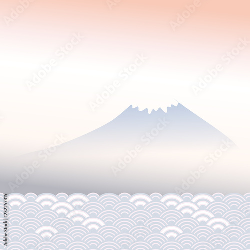 Mount Fuji, dawn, fog, mountain landscape, blue grey pink colors card banner design for text abstract scales simple Nature background with japanese circle pattern. Vector