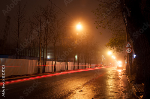 The light trails in the fog at night