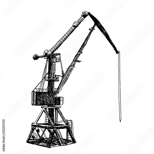 Port crane machinery Building Tower construction. Hand drawn sketch illustration. Black silhouette isolated on white backgraund. Vector