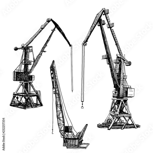 Port crane machinery Building Tower construction. Hand drawn sketch illustration. Black silhouette isolated on white backgraund. Vector