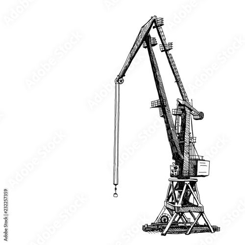 Port crane machinery Building Tower construction. Hand drawn sketch illustration. Black silhouette isolated on white backgraund. Vector
