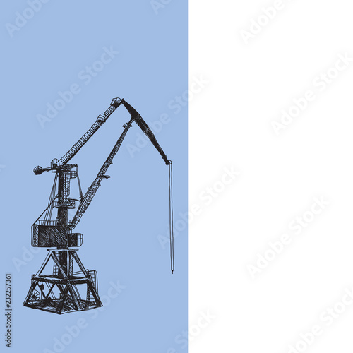 Port crane machinery Building Tower construction. Hand drawn sketch illustration. Black silhouette on white blue backgraund. Applicable for Placards Banners Posters Flyers. Vector