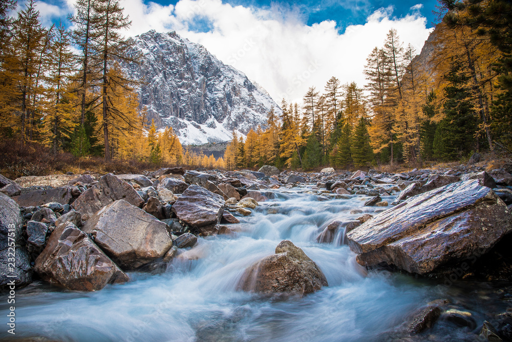 The beautiful valley with a fast mountain stream. Aktru. Altai. The beautiful valley with a fast mountain stream. Aktru. Altai.