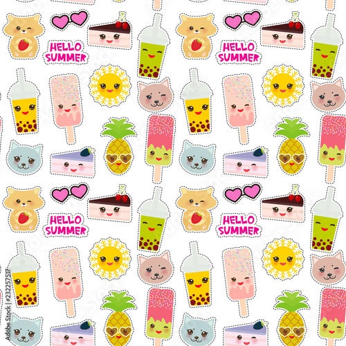 Hello Summer bright tropical seamless pattern design, fashion patches badges stickers. Pineapple, bubble tea cup, ice cream, sun, cat, cake, hamster. Kawaii cute face. White background. Vector