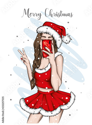 Beautiful girl in a santa claus hat and costume. Woman in a skirt and top. Vector illustration for greeting card or poster. Fashion & Style. New Year's and Christmas. Winter holidays.
