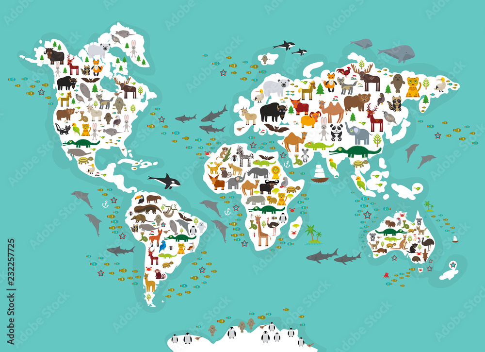 Cartoon animal world map for children and kids, Animals from all over ...